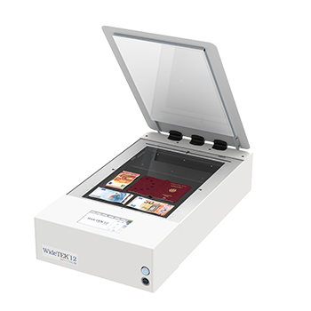 Document scanner with a lid open, showing documents inside on a white background